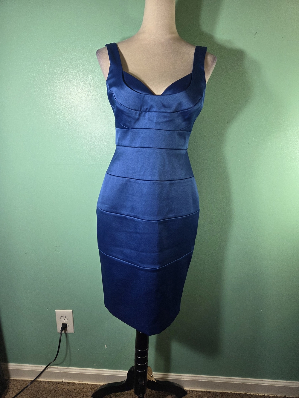 London Times Cobalt Satin Midi Sheath Dress